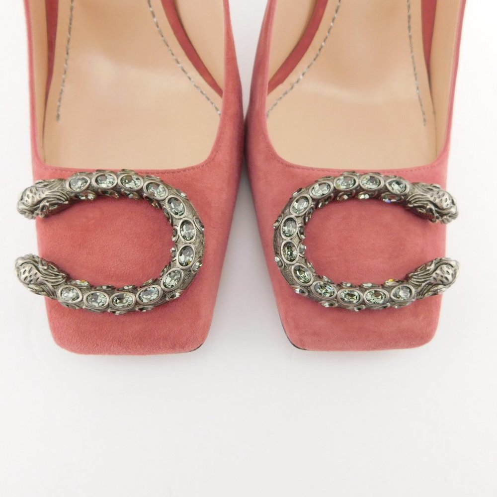 New GUCCI Crystal Tiger Snake Buckle Dusty Rose Pink Suede Leather Heel Pump 39 - Picture 4 of 9
